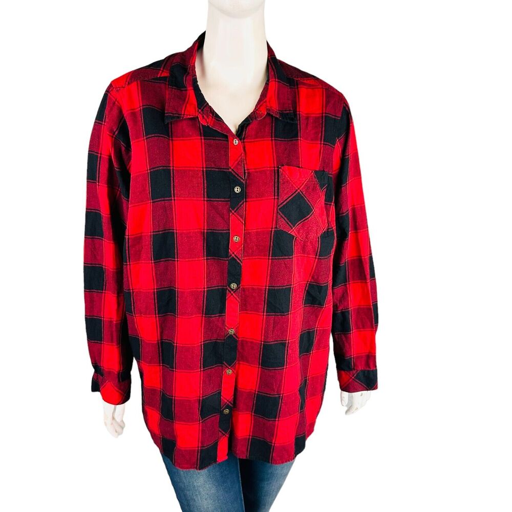 Sonoma Womans Sz 3X Plus Shirt Buffalo Plaid Flannel Button Up Red Black